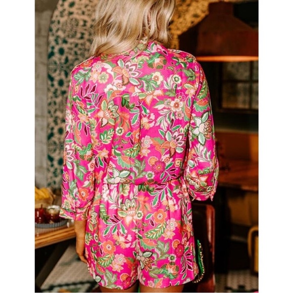 Fate Pink & Green Floral Romper Button Front Drawstring Waist w/Pockets, Size L - Picture 4 of 10